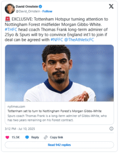 Ornstein: Tottenham showing interest in Forest midfielder Morgan Gibbs-White